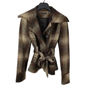 Le Chateau Belted Plaid Tweed Coat Women's S/P
